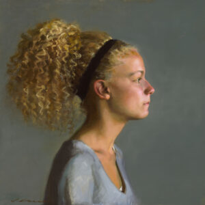 A side profile portrait painting by a Duluth MN artist captures a woman with curly hair tied back with a black headband. She wears a light gray top, gazing to the right against a muted gray background. The artist's signature graces the bottom left.
