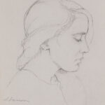 A monochrome sketch by a Duluth MN artist depicts a woman in profile facing left. Her long hair is pulled back, and her expression remains calm. The minimalistic drawing uses gentle lines to emphasize her facial features and neck.