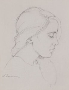 A monochrome sketch by a Duluth MN artist depicts a woman in profile facing left. Her long hair is pulled back, and her expression remains calm. The minimalistic drawing uses gentle lines to emphasize her facial features and neck.