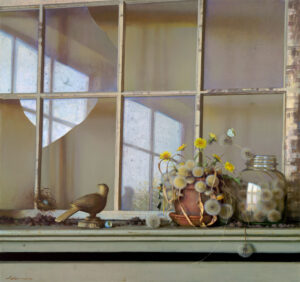 A rustic windowsill curated by a Duluth MN artist showcases a bird figurine, vibrant yellow flowers in a pot, a jar, and scattered dandelions. Light filters through the broken pane, casting serene reflections as a butterfly gently rests on the blossoms.