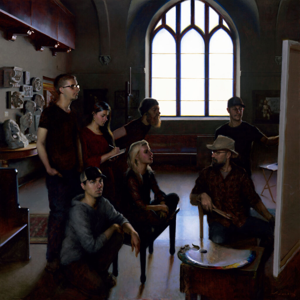 A group of seven people, some seated and some standing, are gathered in an art atelier. They are focused on a canvas while sunlight streams through a large arched window, reminiscent of a Minnesota morning. Art supplies and sculptures are scattered throughout the room.