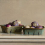 Two green baskets filled with purple and white turnips are placed on a light-colored surface. Crafted by a Duluth MN artist, the artwork features a plain, neutral background that enhances its calm and serene atmosphere.