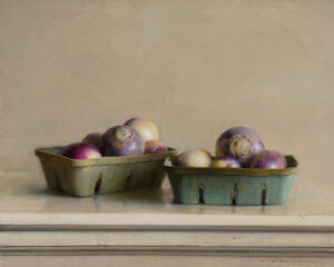 Two green baskets filled with purple and white turnips are placed on a light-colored surface. Crafted by a Duluth MN artist, the artwork features a plain, neutral background that enhances its calm and serene atmosphere.