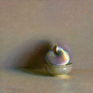 A delicate pastel painting by a talented Duluth MN artist features an iridescent seashell resting in a small, light-colored bowl. The shell's surface shimmers with soft rainbow hues against a muted, textured beige background, highlighting its vibrant colors.