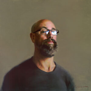 A digital painting by a Duluth MN artist features a man with a bald head and bushy, salt-and-pepper beard, wearing glasses and a dark shirt. Set against a plain, muted background, this portrait exudes a classic and artistic look.