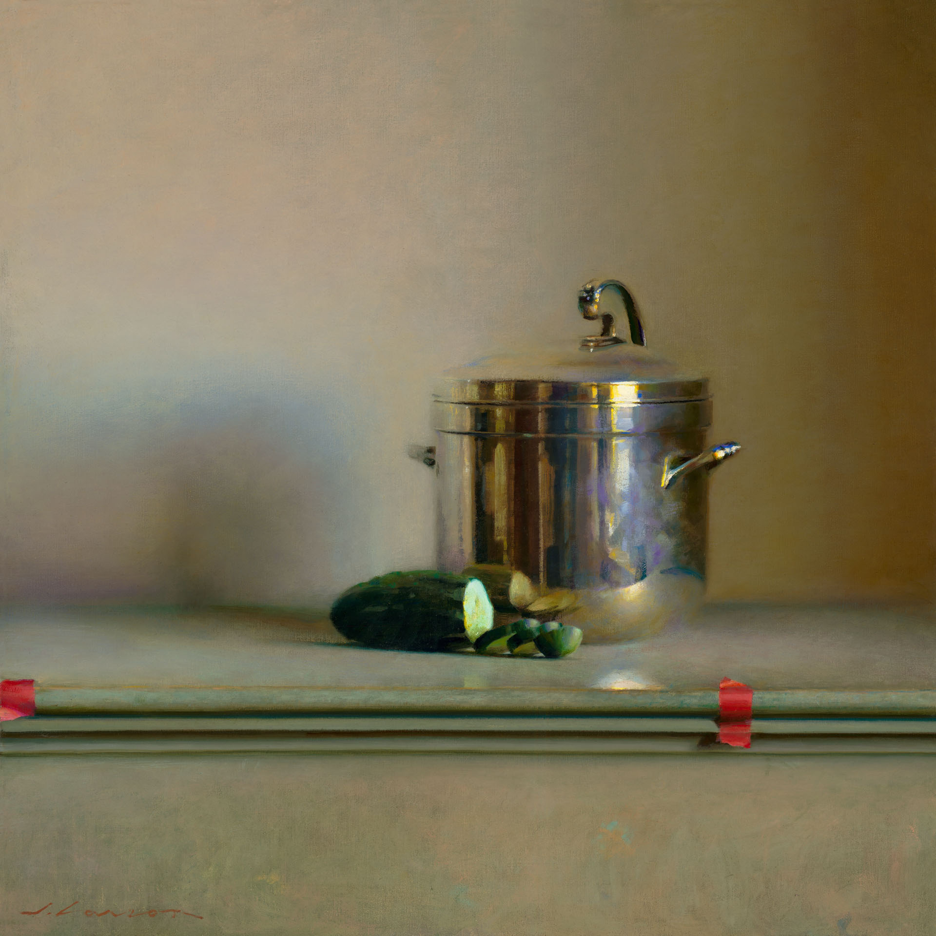 A still life painting by a Duluth MN artist features a metallic pot with a lid beside a sliced green vegetable on a light-colored surface. The softly shaded background adds to the serene and simple composition.