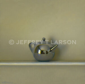 A polished metallic teapot with a sleek, round design sits isolated on a simple white shelf against a muted green background, casting a soft shadow.
