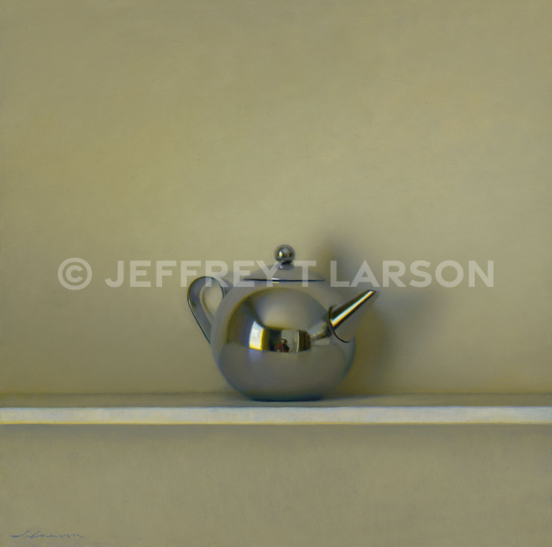 A polished metallic teapot with a sleek, round design sits isolated on a simple white shelf against a muted green background, casting a soft shadow.