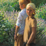A painting by a Duluth MN artist captures two young girls in a sunlit garden with blooming flowers. One faces forward with a serious expression, wearing a brown shirt and ponytail, while the other, in white, is turned away.