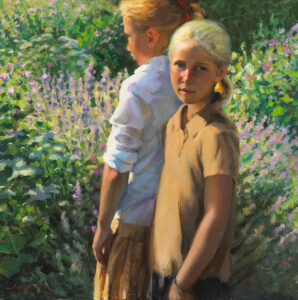 A painting by a Duluth MN artist captures two young girls in a sunlit garden with blooming flowers. One faces forward with a serious expression, wearing a brown shirt and ponytail, while the other, in white, is turned away.
