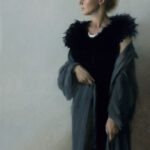 A person with blonde hair gazes to the right, wearing a dark, fur-trimmed dress and a gray shawl. Painted by a talented Duluth MN artist, the background is a soft, muted color, enhancing the elegant and contemplative mood of the portrait.