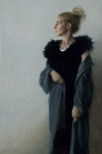 A person with blonde hair gazes to the right, wearing a dark, fur-trimmed dress and a gray shawl. Painted by a talented Duluth MN artist, the background is a soft, muted color, enhancing the elegant and contemplative mood of the portrait.