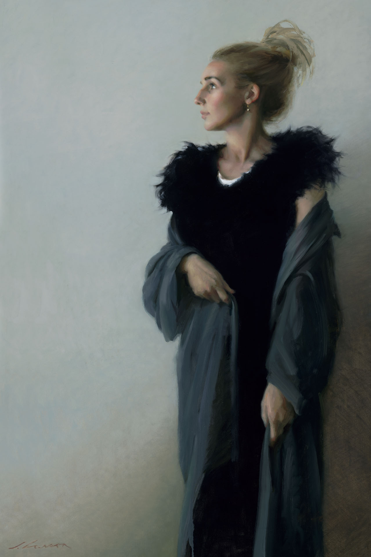 A person with blonde hair gazes to the right, wearing a dark, fur-trimmed dress and a gray shawl. Painted by a talented Duluth MN artist, the background is a soft, muted color, enhancing the elegant and contemplative mood of the portrait.