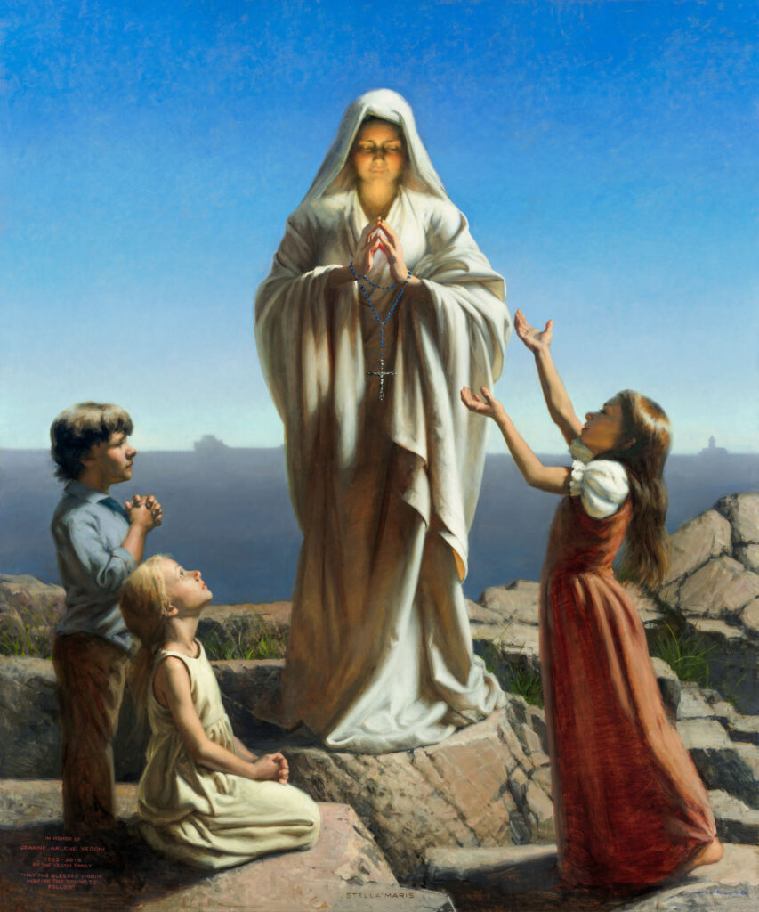 A serene painting by a Duluth MN artist depicts three children kneeling and standing in prayer before a figure in flowing robes, holding a rosary. The background features a clear blue sky and rocky terrain, capturing the tranquil beauty of the scene.