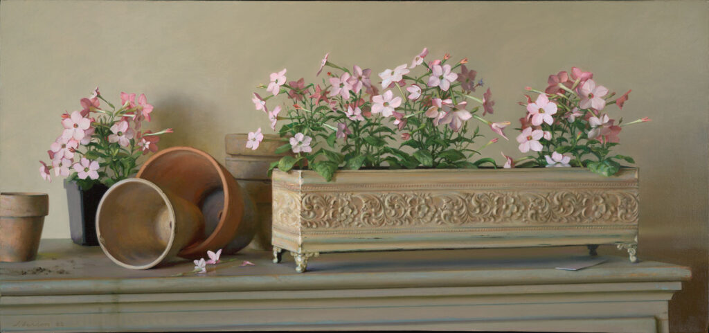 A still life painting by a Duluth MN artist showcases pink flowers blooming in a decorative rectangular planter on a flat surface. Beside it, three empty terracotta pots are arranged, with one tipped over, against a plain, muted background.