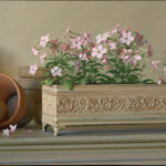 A still life painting by a Duluth MN artist showcases pink flowers blooming in a decorative rectangular planter on a flat surface. Beside it, three empty terracotta pots are arranged, with one tipped over, against a plain, muted background.