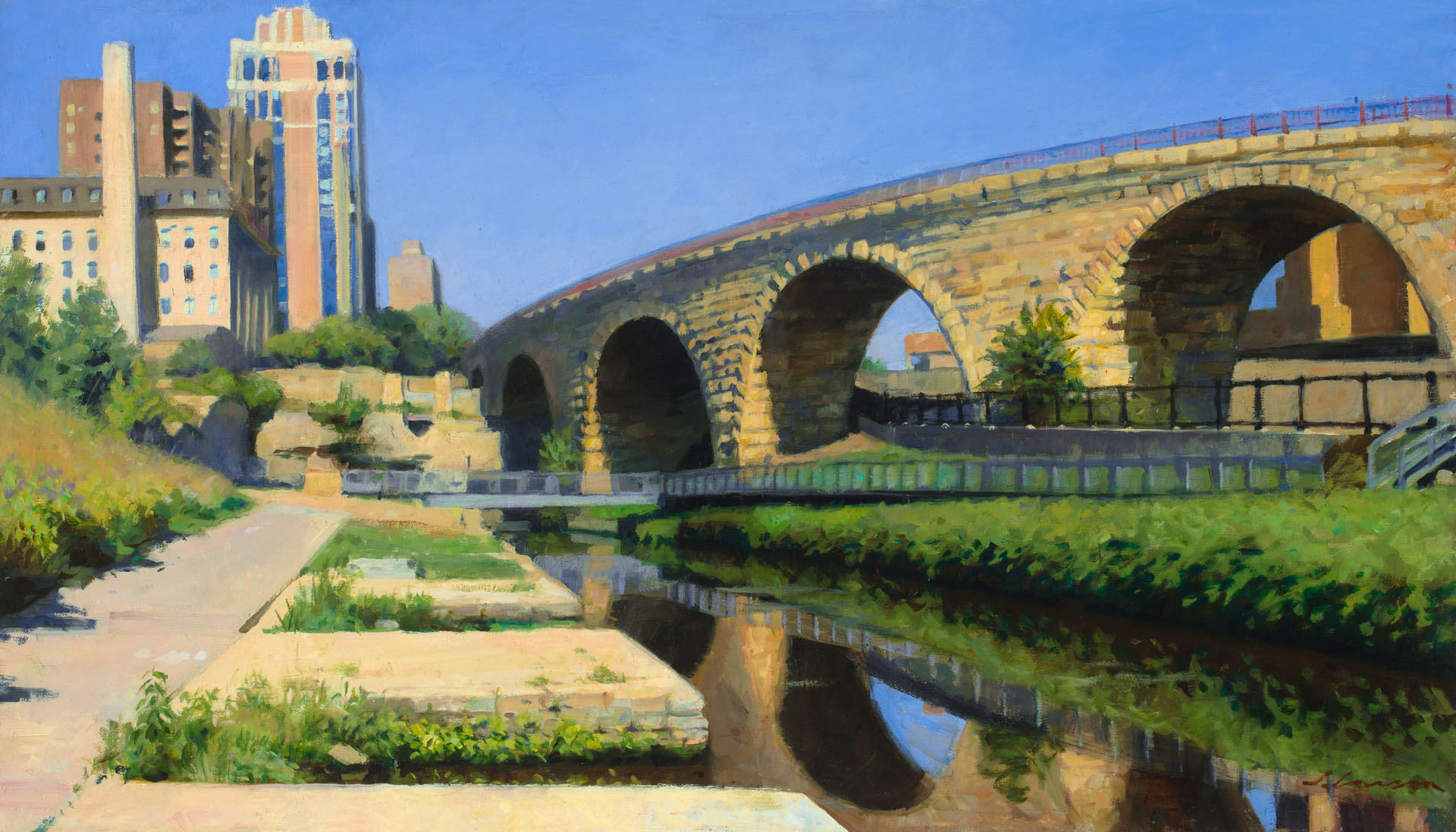 A painting by a Duluth, MN artist captures a historic stone arch bridge spanning a calm river, its reflection shimmering on the water. Tall buildings rise against the clear blue sky while lush greenery lines the riverbanks, effortlessly blending nature with urban elegance.