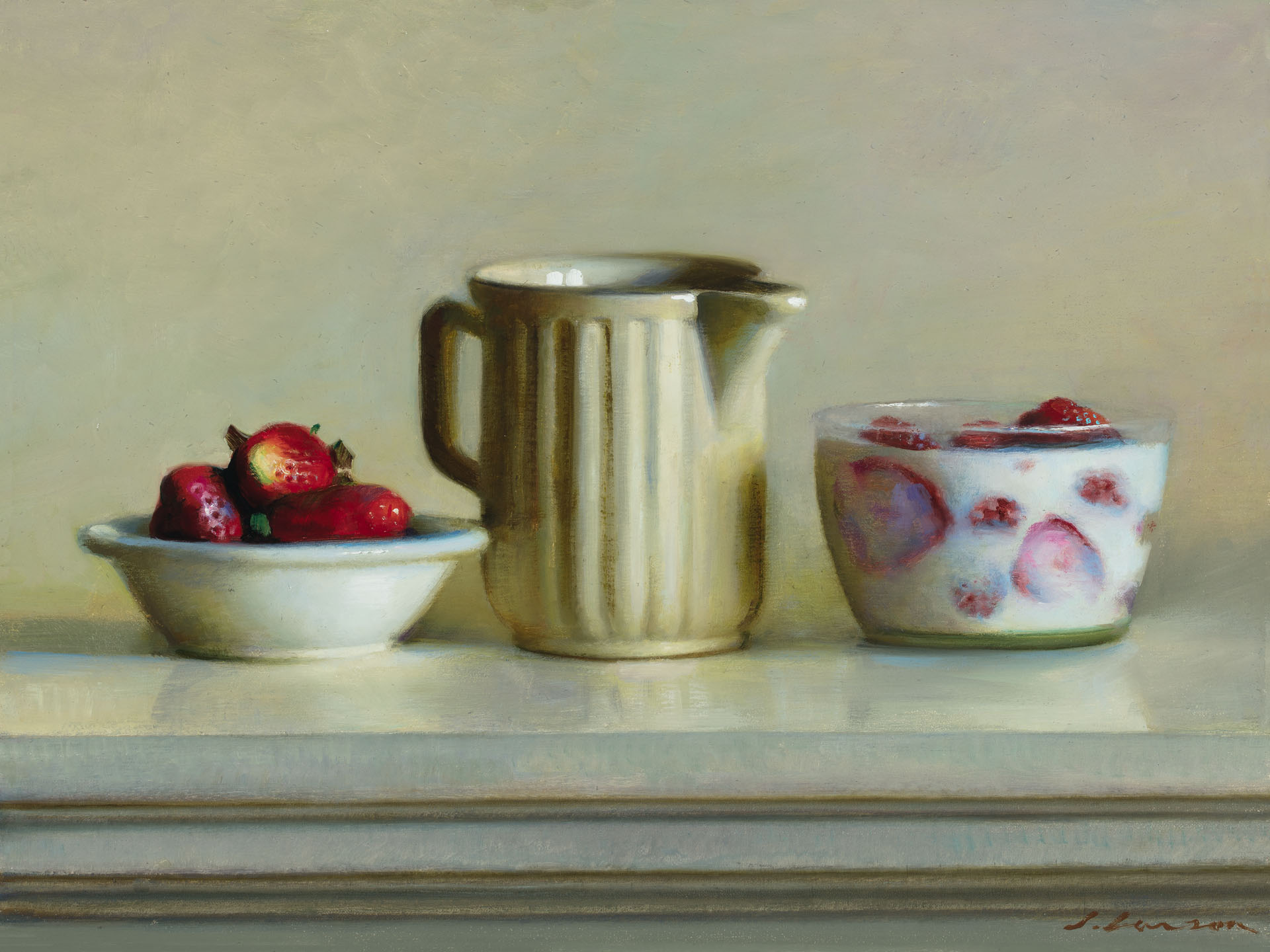 A still life painting by a Duluth MN artist showcases a bowl of red strawberries, a beige ceramic pitcher, and a glass of yogurt with strawberry slices on a light surface. The background envelops the scene in a soft, warm beige.
