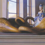 A still life by a Duluth MN artist features two large gourds and a small figurine of a woman in a blue dress on a windowsill. Soft light filters through, casting shadows as it illuminates the scene, while a single feather rests delicately in the foreground.
