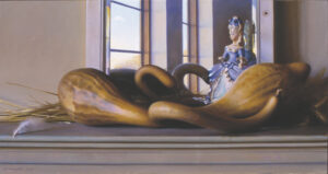 A still life by a Duluth MN artist features two large gourds and a small figurine of a woman in a blue dress on a windowsill. Soft light filters through, casting shadows as it illuminates the scene, while a single feather rests delicately in the foreground.