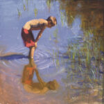 A painting by a Duluth MN artist captures a child in red shorts bending over in shallow water. The child's reflection shimmers amidst green plants, all bathed in warm sunlight, creating a serene and peaceful atmosphere.