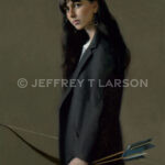 A woman with long dark hair holds a bow and arrows, wearing a black coat over a white shirt. The background is a muted brown. The image is signed by Jeffrey T Larson.