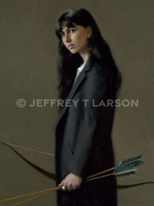 A woman with long dark hair holds a bow and arrows, wearing a black coat over a white shirt. The background is a muted brown. The image is signed by Jeffrey T Larson.