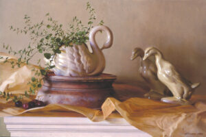 A still life by a Duluth MN artist depicts a white swan-shaped vase adorned with greenery, cherries, and two ceramic ducks on a brown and white surface. The neutral beige backdrop, complemented by rustic parchment, enhances the composition's charm.