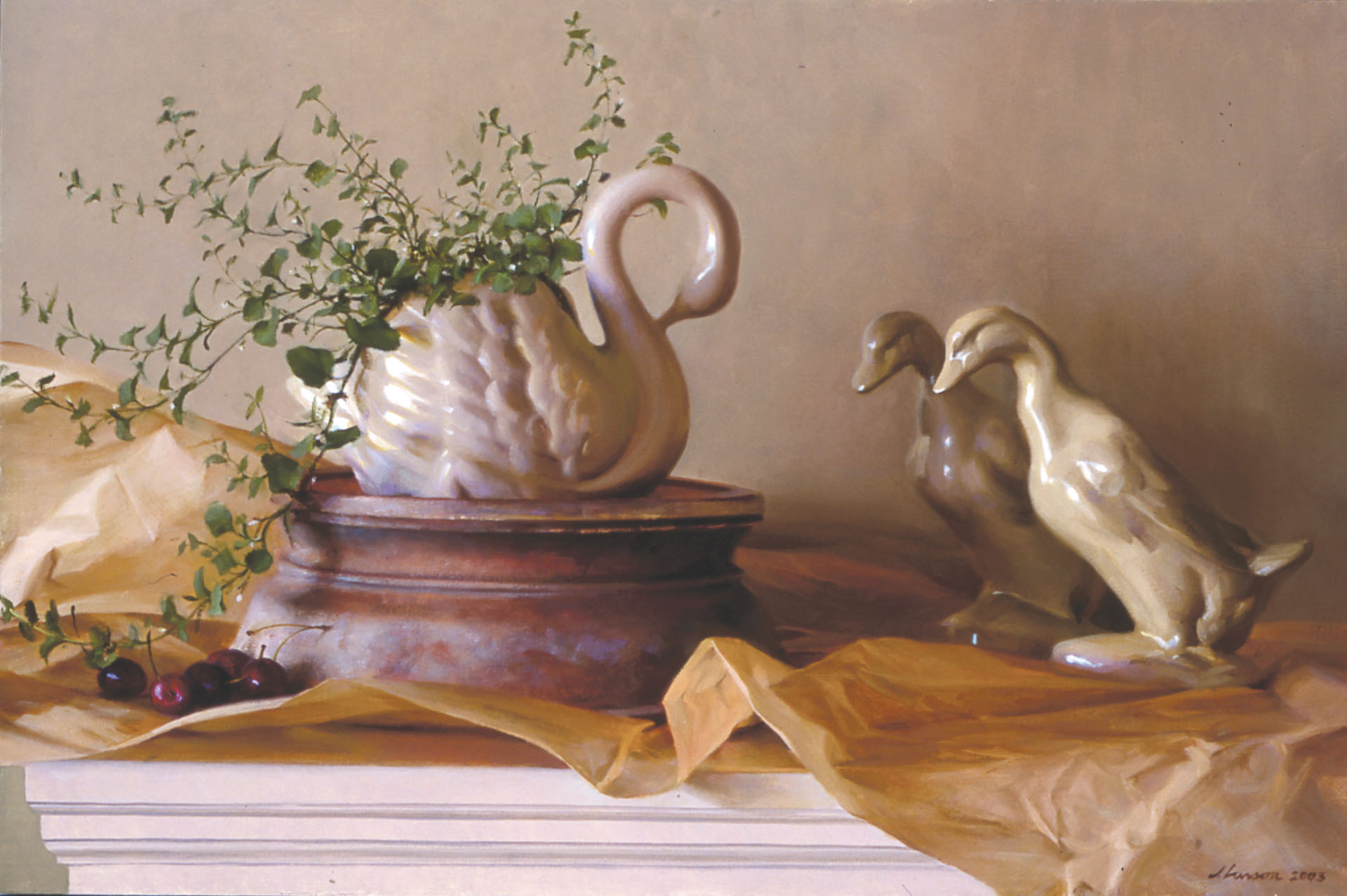 A still life by a Duluth MN artist depicts a white swan-shaped vase adorned with greenery, cherries, and two ceramic ducks on a brown and white surface. The neutral beige backdrop, complemented by rustic parchment, enhances the composition's charm.