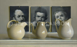 Three beige ceramic pitchers are displayed in front of three abstract black-and-white portraits pinned to a wall. The arrangement creates a juxtaposition of shapes and styles, blending realism with abstract art.
