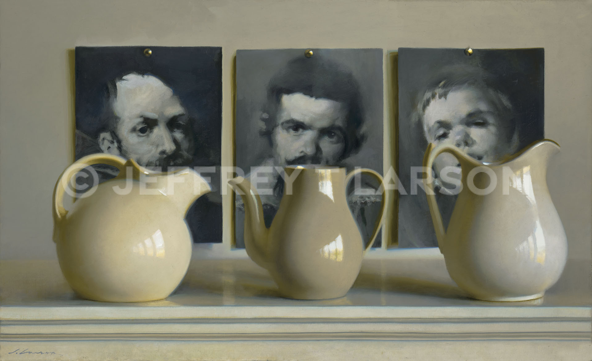 Three beige ceramic pitchers are displayed in front of three abstract black-and-white portraits pinned to a wall. The arrangement creates a juxtaposition of shapes and styles, blending realism with abstract art.