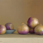 A still life painting by a Duluth MN artist features several turnips. Two turnips rest in a bowl on the left, while four more are stacked on the right. Their yellow and purple hues contrast beautifully against a muted brown background.