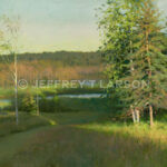 A serene landscape painting depicting a grassy field with scattered evergreen trees, leading to a tranquil lake under a clear sky. The scene is bathed in warm sunlight, creating a peaceful and inviting atmosphere.