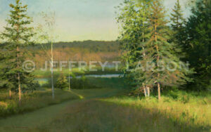 A serene landscape painting depicting a grassy field with scattered evergreen trees, leading to a tranquil lake under a clear sky. The scene is bathed in warm sunlight, creating a peaceful and inviting atmosphere.