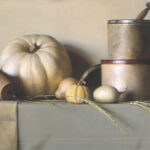 A still life painting features a white pumpkin, two small gourds, dry wheat, an overturned clay pot, and two rustic metal containers with a lid and a handle, all arranged on a cloth-draped table against a neutral background.