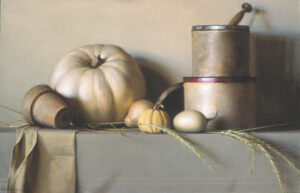 A still life painting features a white pumpkin, two small gourds, dry wheat, an overturned clay pot, and two rustic metal containers with a lid and a handle, all arranged on a cloth-draped table against a neutral background.