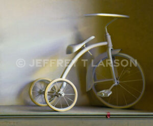 A vintage tricycle is depicted with a muted color palette. Its old-fashioned design is accented by soft lighting. A small red toy lies on the floor beneath it, contrasting with the tricycle's subdued tones.