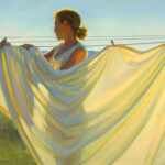 A woman in silhouette, reminiscent of a Duluth MN artist's work, hangs a large, flowing sheet on a clothesline under a clear blue sky. The sunlight casts soft, warm tones on the fabric, evoking a serene and peaceful atmosphere.