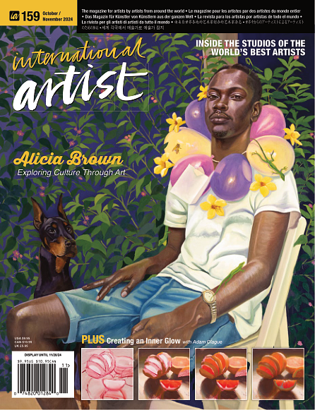 A magazine cover features a seated man in a white t-shirt and blue shorts with a small dog by his side, surrounded by vibrant plants and flowers. The cover reads 