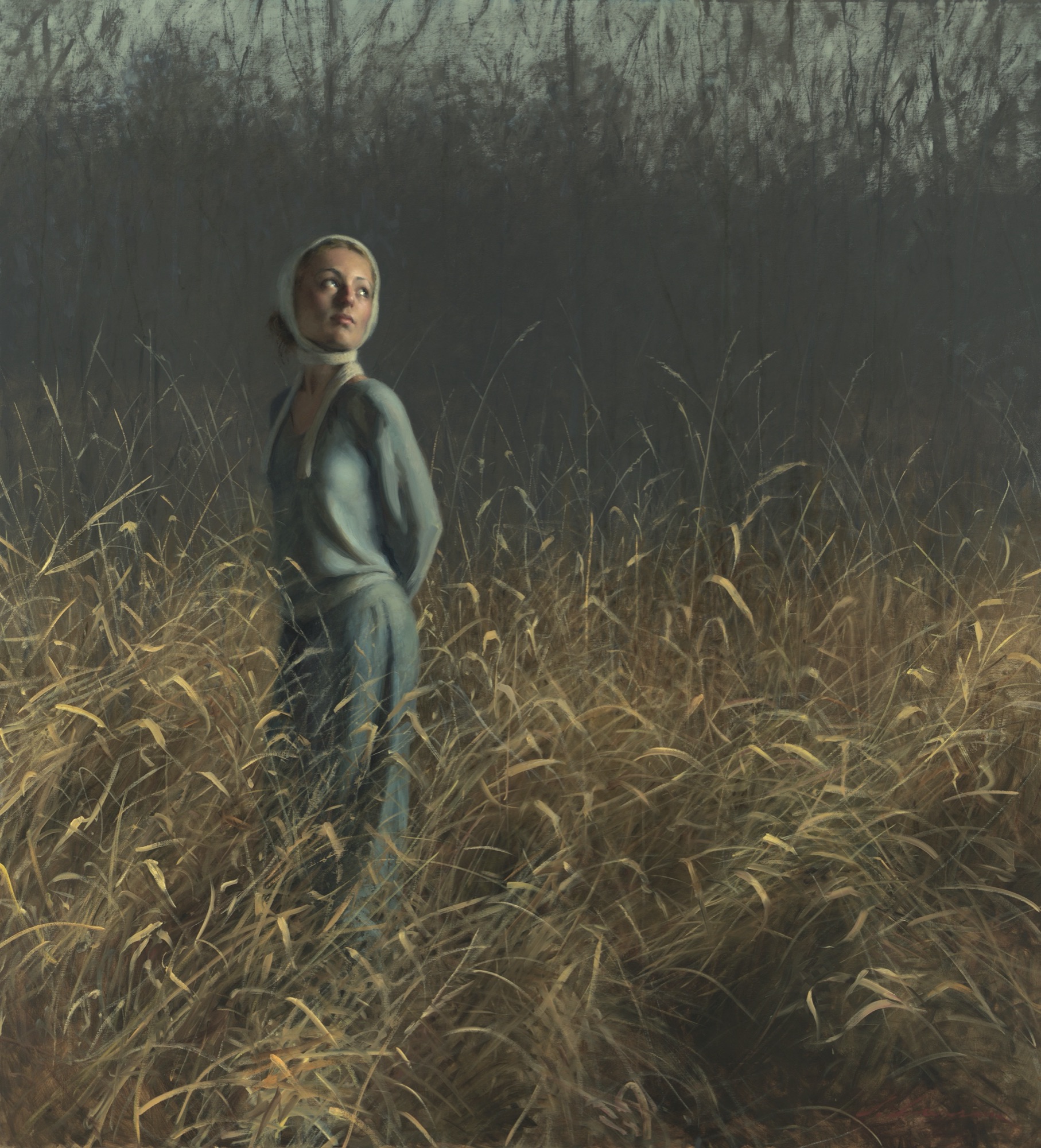 St. Claire, oil painting by Jeffrey T. Larson: a woman in a white headscarf standing in tall autumn grass