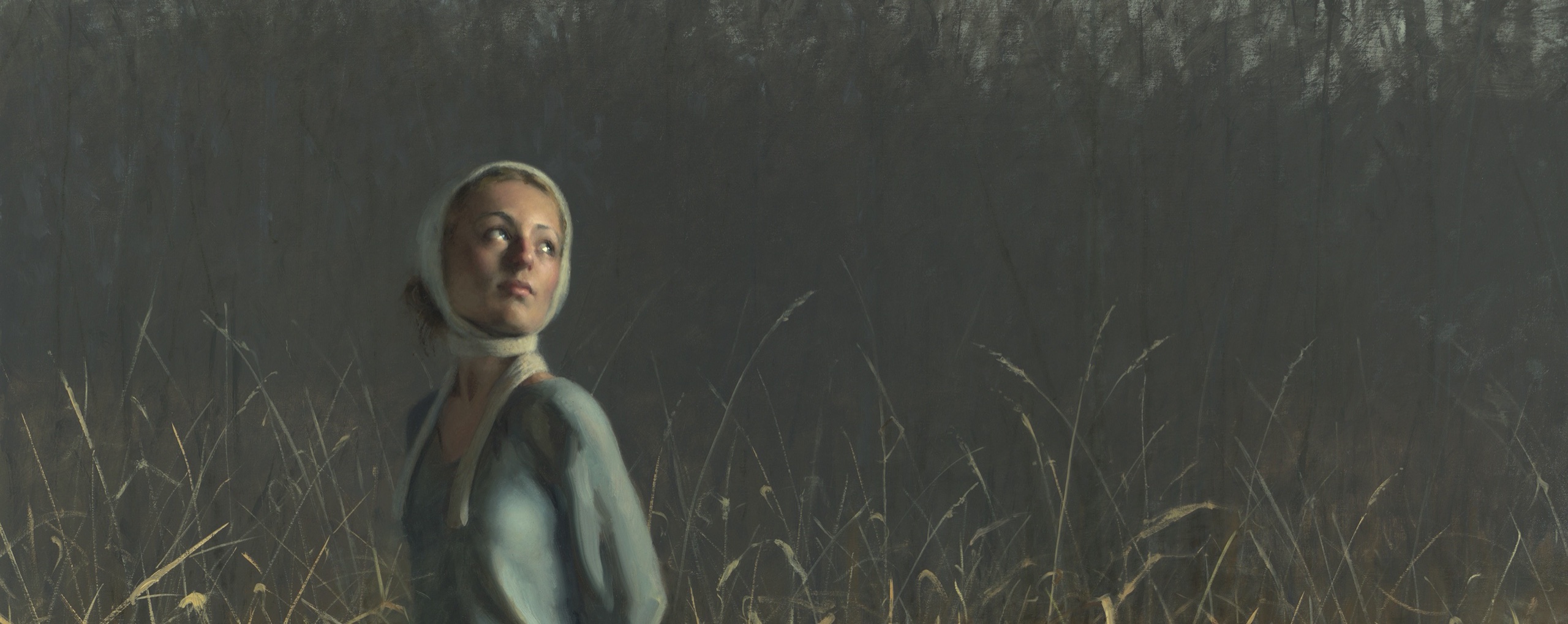 St. Claire, oil painting by Jeffrey T. Larson: a woman in a white headscarf standing in tall autumn grass